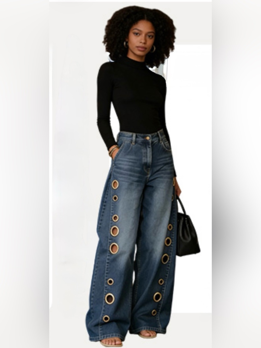 Super cute Wide-Leg Jeans with Gold Grommet Accents